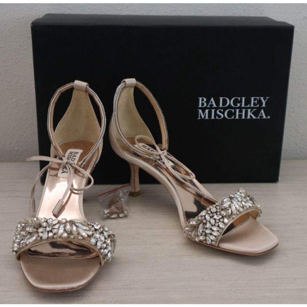 Badgley Mischka Women Sz 6.5 Nude Satin Blossom Ankle Tie Embellished Sandal